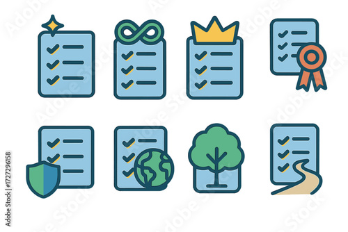 Checklist linear icon set. featuring tasks, infinity, crown, certificate, shield, globe, tree, and path symbols