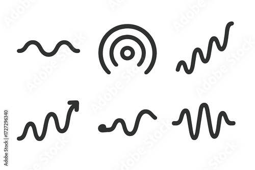 Sound and signal silhouette icon set. featuring waveform, radar, volume, frequency, and signal symbols
