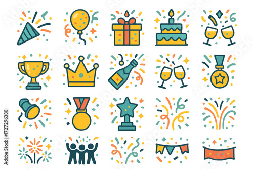 Confetti Celebration Icons. Celebration Confetti set of icons in neo-flat style: party popper explosion, balloon with confetti, gift box with confetti