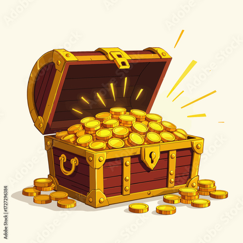 Treasure Chest Overflowing with Gold Coins, Radiant Sunlight