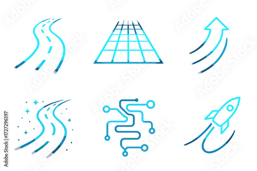 Futuristic Path Icons. Futuristic Path set of icons in neo-flat style: glowing neon road, digital grid pathway, holographic arrow path, cosmic star