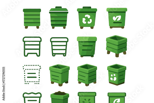 Compost Bin Icons. Compost Bin Basics set of icons in neo-flat style: simple compost bin, compost bin with lid, compost bin with recycle symbol,