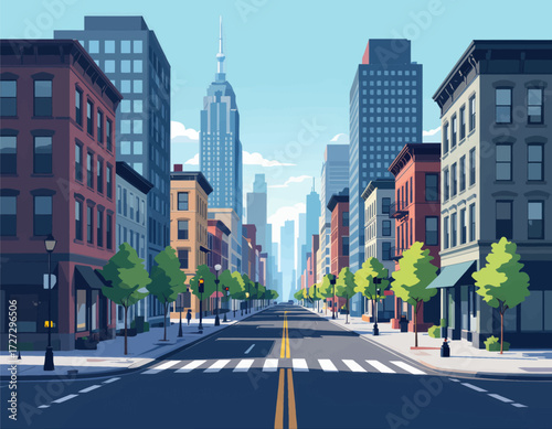 Urban Street View with Skyscrapers and Trees