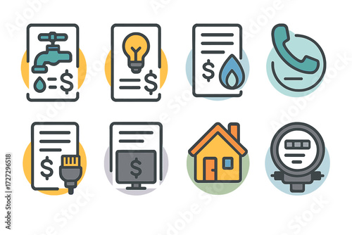 Utility Payment Icons. Utility Bill Payment set of icons in neo-flat style: bill payment with water faucet, bill payment with lightbulb, bill payment