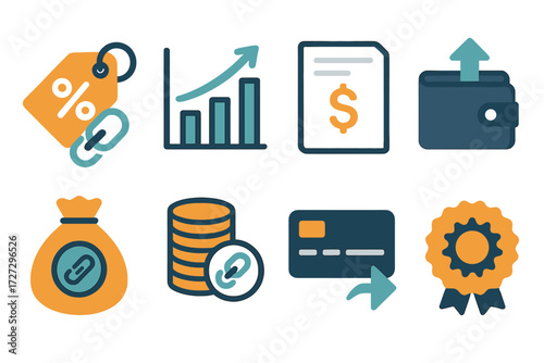 Commission Icon Set. Commission Sales set of icons in neo-flat style: percentage tag with link, bar chart with referral arrow, invoice with dollar