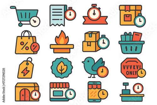 Limited Deal Icons. Retail Limited Deals set of icons in neo-flat style: shopping cart with clock, checkout receipt with timer, sale banner with