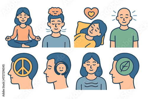 Emotional Balance Icons. Mental Wellness set of icons in neo-flat style: emotional balance with meditation, emotional balance with calm breathing,