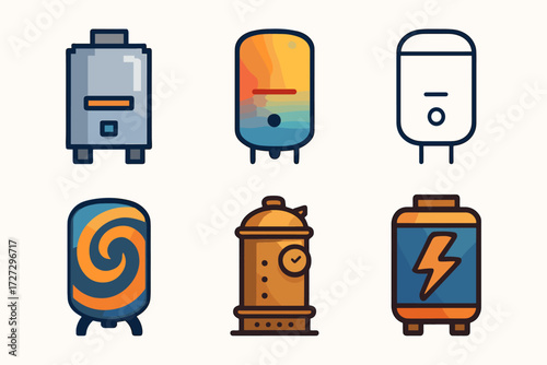 Creative Boiler Icons. Creative Boiler Tanks set of icons in neo-flat style: pixel art boiler, gradient boiler icon, minimalist line boiler, abstract