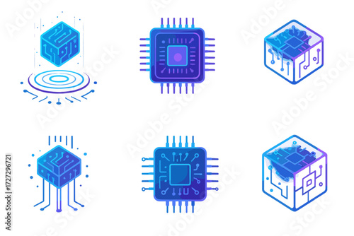 Futuristic technology neon icon set. featuring cpu, microchip, circuit, cubes, ai, and digital symbols