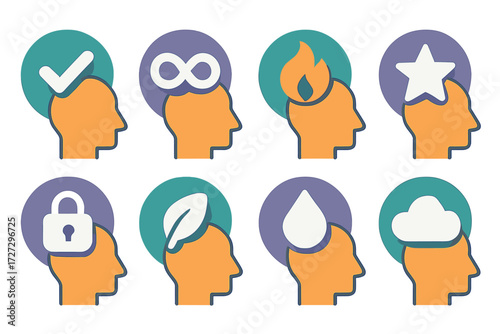Mental attributes silhouette icons set. featuring checkmark, infinity, fire, star, lock, leaf, water, cloud symbols