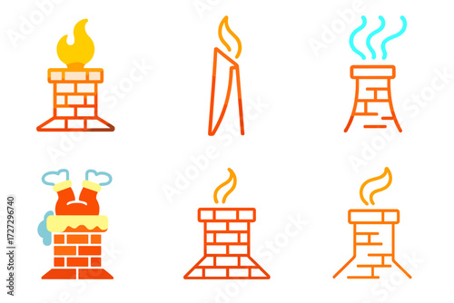 Neo-Flat Chimney Icons. Creative Chimney Icons set of icons in neo-flat style: glowing chimney, abstract chimney design, neon smoke, stylized brick