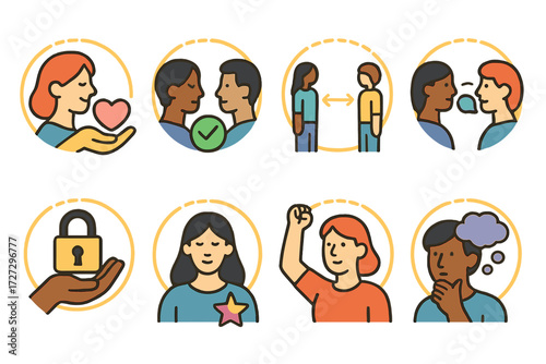 Boundary Icons Set. Emotional & Mental Health set of icons in neo-flat style: personal boundary with self-care, personal boundary with respect,