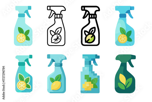 Natural Cleaner Icons. Natural Cleaner Styles set icons in modern isometric flat : flat natural cleaner icon, outline natural cleaner icon, bold