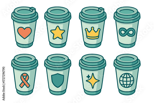 Symbolic Reusable Cup Icons. Symbolic Reusable Cups set icons in modern isometric flat : reusable cup with heart, reusable cup with star, reusable cup