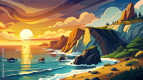 very beautiful A tranquil coastal scene with rocky cliffs, waves crashing against the shore, and the setting sun casting a golden glow over the landscape