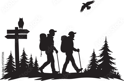 Two hikers with backpacks walk past a signpost with an owl and an eagle flies above