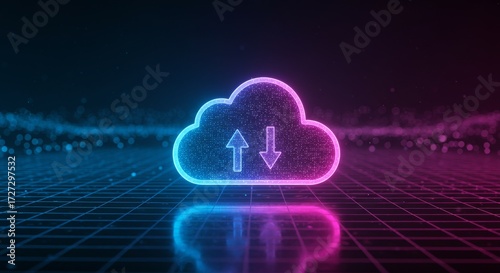 Digital cloud icon with upload and download arrows in neon blue and pink glowing light