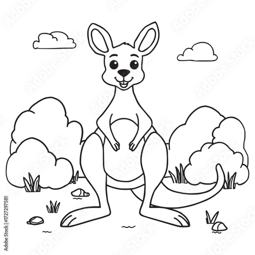 Adorable cartoon kangaroo with big ears and a joey in its pouch stands in a grassy field with fluffy clouds above