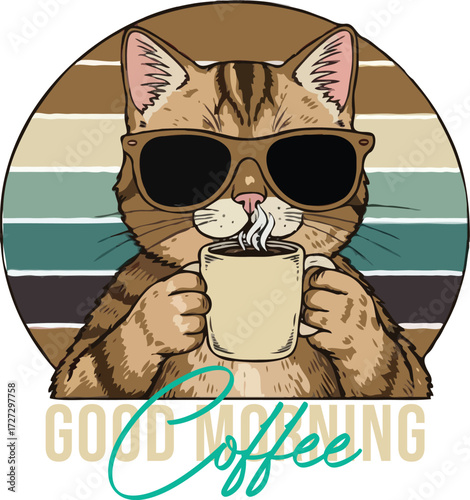 Cool Cat Wearing Sunglasses Holding Coffee Mug With Steam Art & Illustration