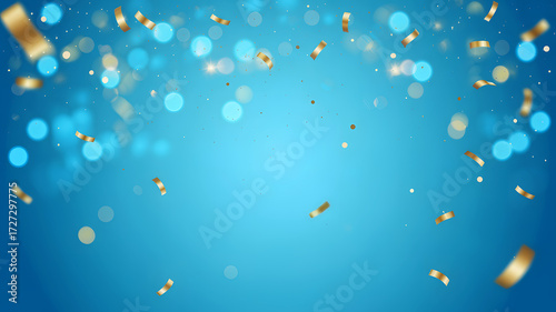 Blue festive background with golden confetti, bokeh lights and celebration design
