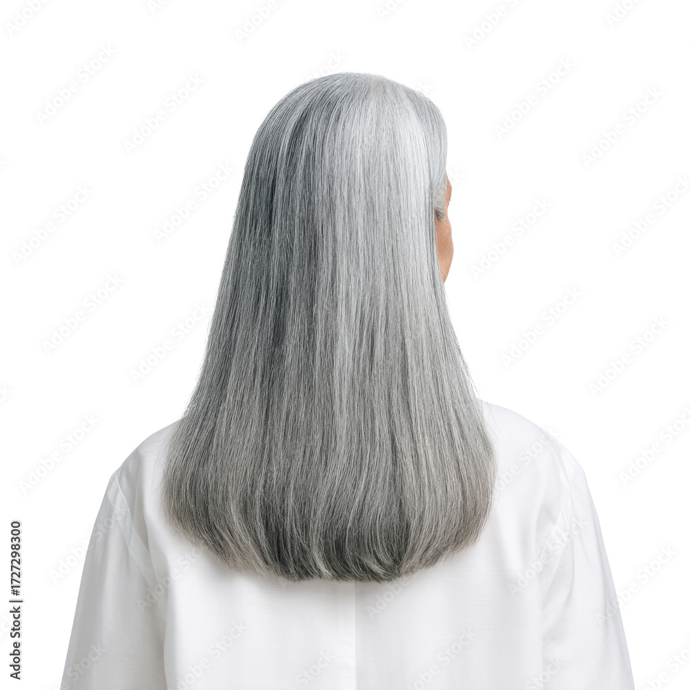 Naklejka premium Long Silver Hair of a Woman in a White Shirt Captured from the Back with Soft Light and Neutral Background