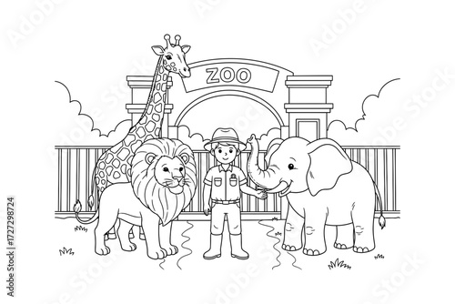 Black and white drawing of a zoo scene with animals and a zookeeper