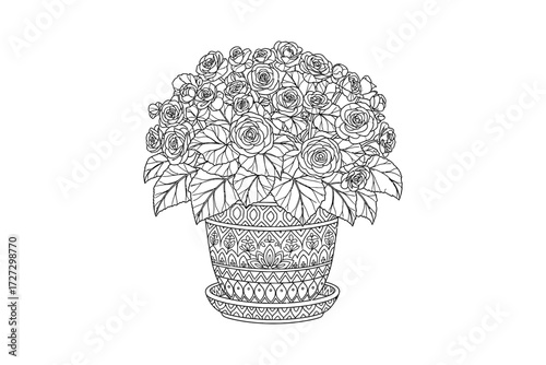 A potted flower arrangement, showcasing intricate details of the blossoms and leaves