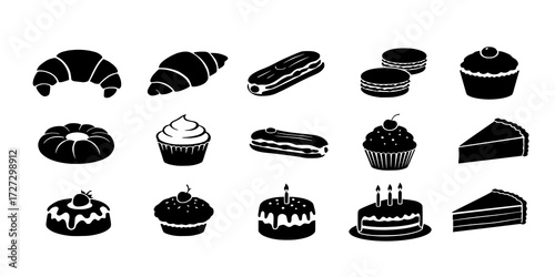 Traditional European and American dessert and popular cake black silhouette icons set on white. Vector stencil clipart, minimalist bakery sign or logo design