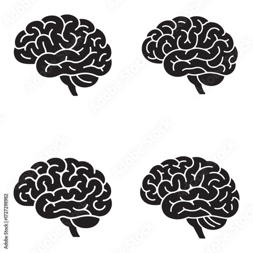 Collection of diverse human brain silhouettes in various poses isolated on white background