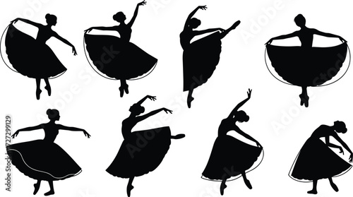 Ballerina silhouettes in classical ballet poses with flared skirts, elegant stage performance, graceful choreography, expressive dance art, artistic movement illustration