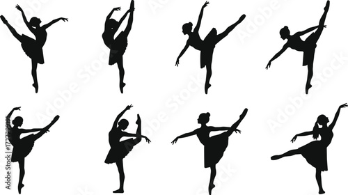 Ballerina silhouettes in classical ballet poses with tutus, elegant stage performance, graceful choreography, expressive dance art, artistic movement illustration set