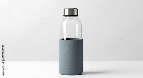 Clear glass water bottle with a gray silicone sleeve and a silver cap on a white background