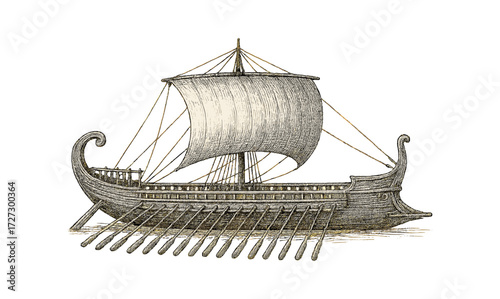 Detailed engraving of an ancient trireme ship with simple composition for nautical and historical design