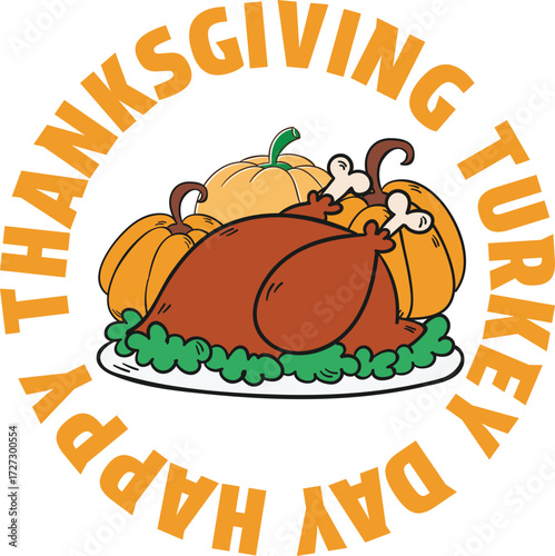 Cartoon turkey surrounded by pumpkins and apples with festive autumn leaves and the funny holiday quote “Gobble Till You Wobble