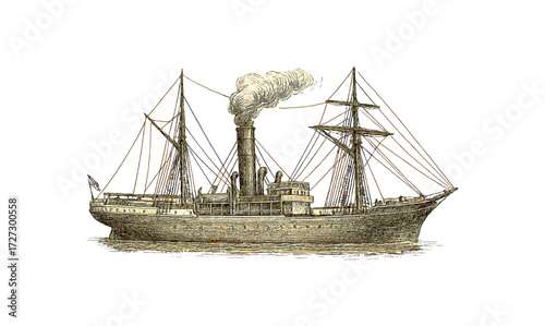 Vintage steamship engraving on yellow background for nautical design and decor