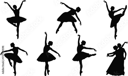 Ballerina silhouettes in classical ballet poses with tutus, solo and duet stage performance, graceful choreography, expressive dance art illustration