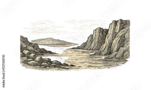 Vintage rocky coastline with rugged cliffs and ocean waves - illustration for print, card, poster design