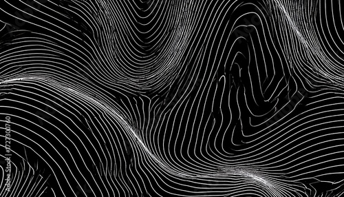 Abstract undulating lines form a wave-like pattern on a dark background. The white contours create a flowing, topographic effect