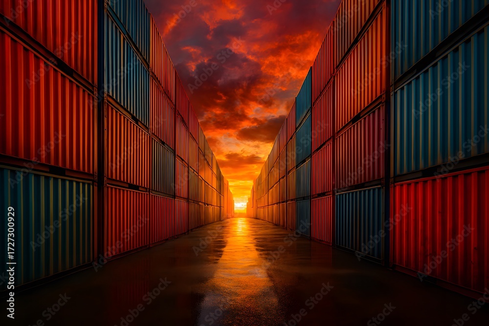 Fototapeta premium Colorful shipping containers at sunset. Generative AI image