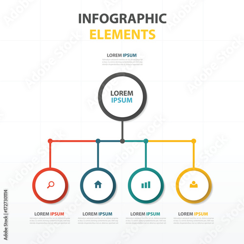 Infographic elements with a central circle and four connected circles below showing icons and text placeholders