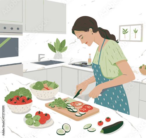 Mother and daughter preparing a healthy salad in the kitchen