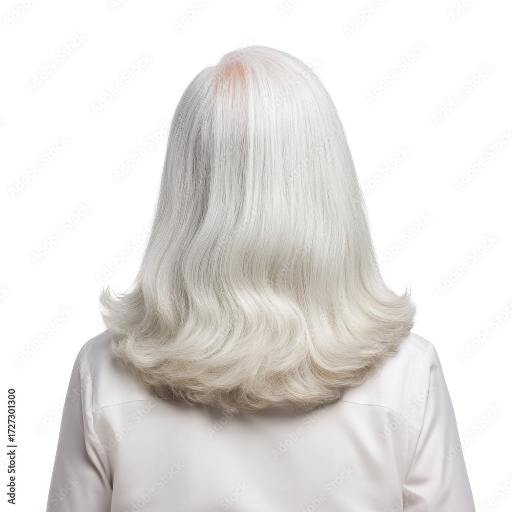 Naklejka premium Elegant Back View of a Woman with Smooth Silver Hair Showcasing Glossy Healthy Texture in a Bright Studio Setting