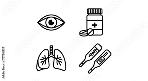 Modern medical icons representing eye health, lung function, medication, and temperature measurement for healthcare promotion and wellness awareness campaign
