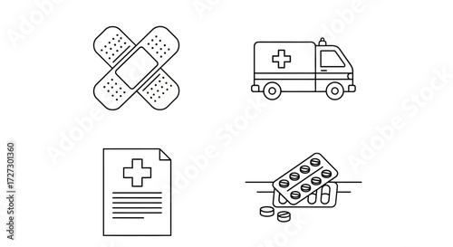 Modern medical icons set for healthcare designs includes ambulance, bandage, prescription, and pills for health and wellness projects that require clean visuals