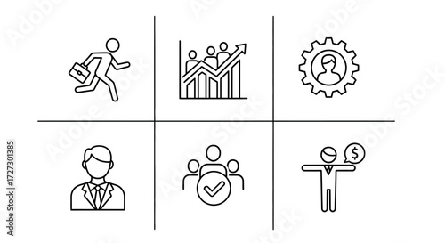 Dynamic business solutions icons representing progress, teamwork, and financial success, illustrating a modern, professional, and innovative approach to growth