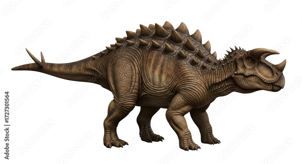 Fototapeta premium Isolated Dinosaur with Horns and Spiked Back Plates Standing Animal Illustration
