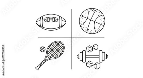 Get active with a sporty lifestyle concept showcasing tennis, football, basketball, and weights in a modern line art design perfect for fitness enthusiasts