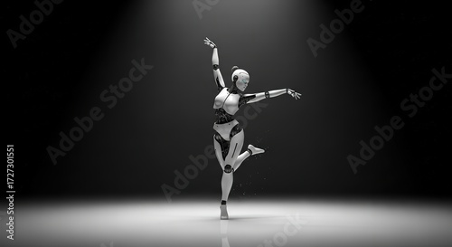 Elegant humanoid robot gracefully dances in spotlight, showcasing futuristic movement and advanced technology