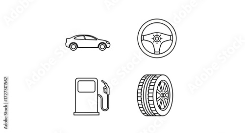 Automotive icons showcase car, steering wheel, gas pump, and tire in clean black and white, perfect for transportation or service designs and websites