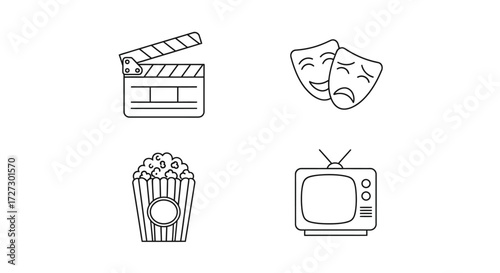 Enjoy movie night with popcorn and vintage television, create a dramatic production with theater masks and clapperboard to depict entertainment and leisure